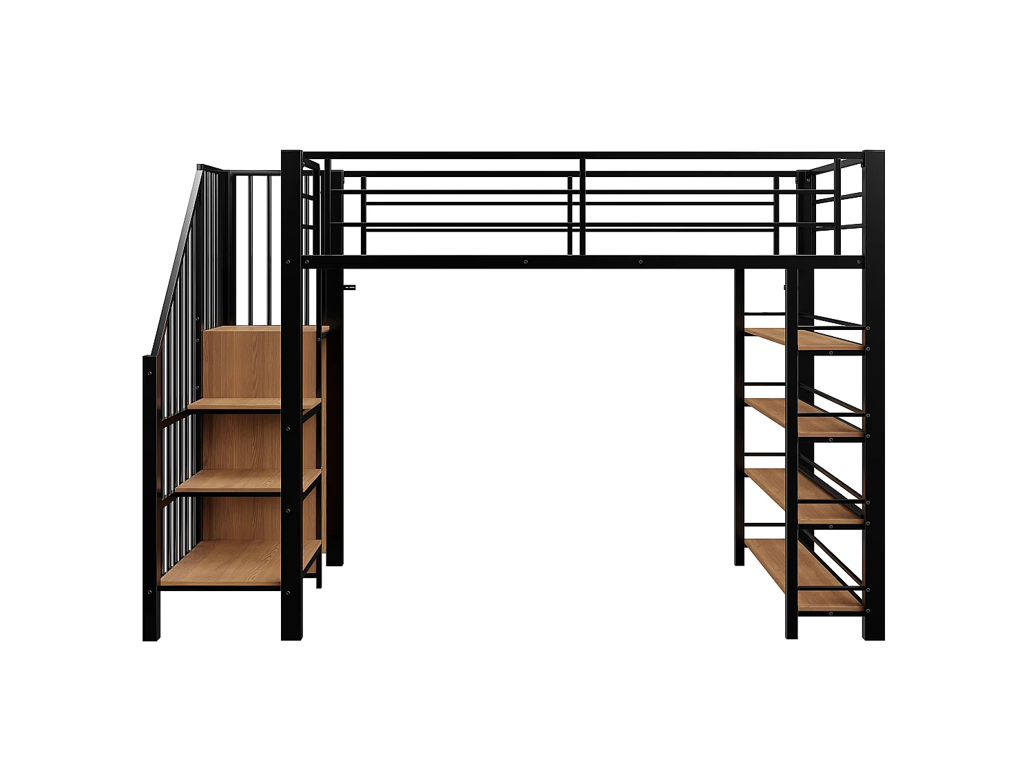 Metal loft bed 90 x 200 cm with storage shelves and small wardrobe - safety ladder - black