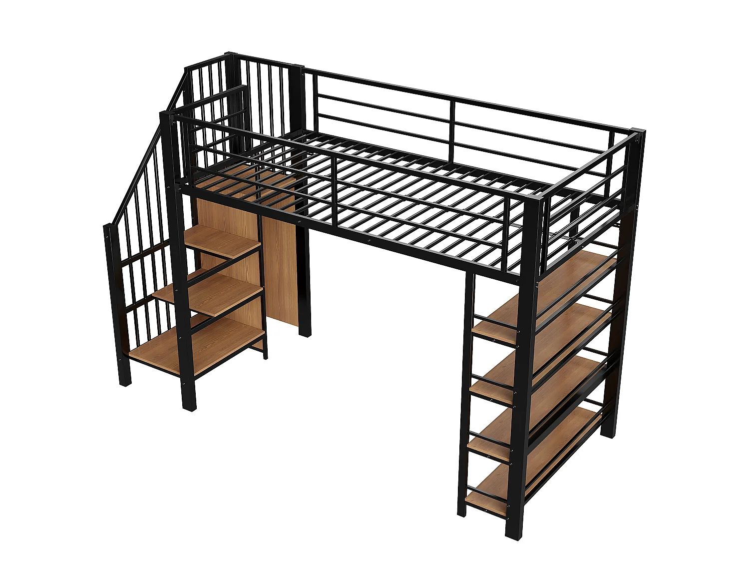 Metal loft bed 90 x 200 cm with storage shelves and small wardrobe - safety ladder - black
