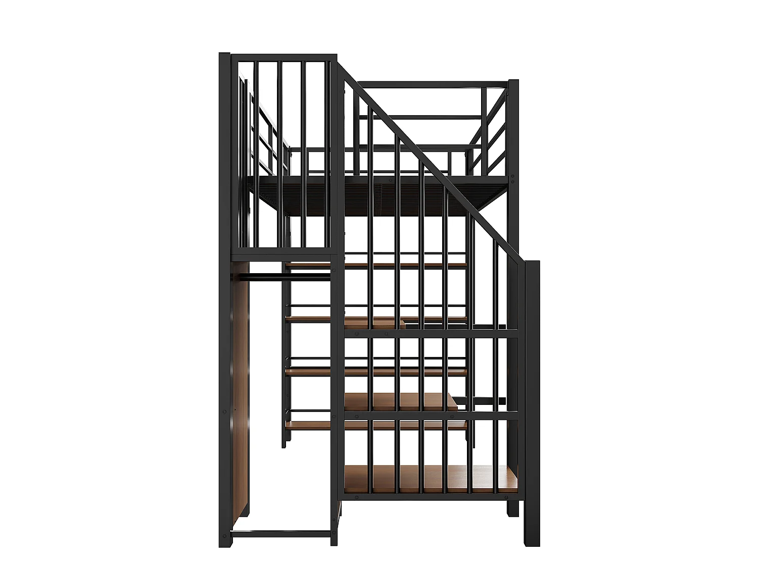 Metal loft bed 90 x 200 cm with storage shelves and small wardrobe - safety ladder - black