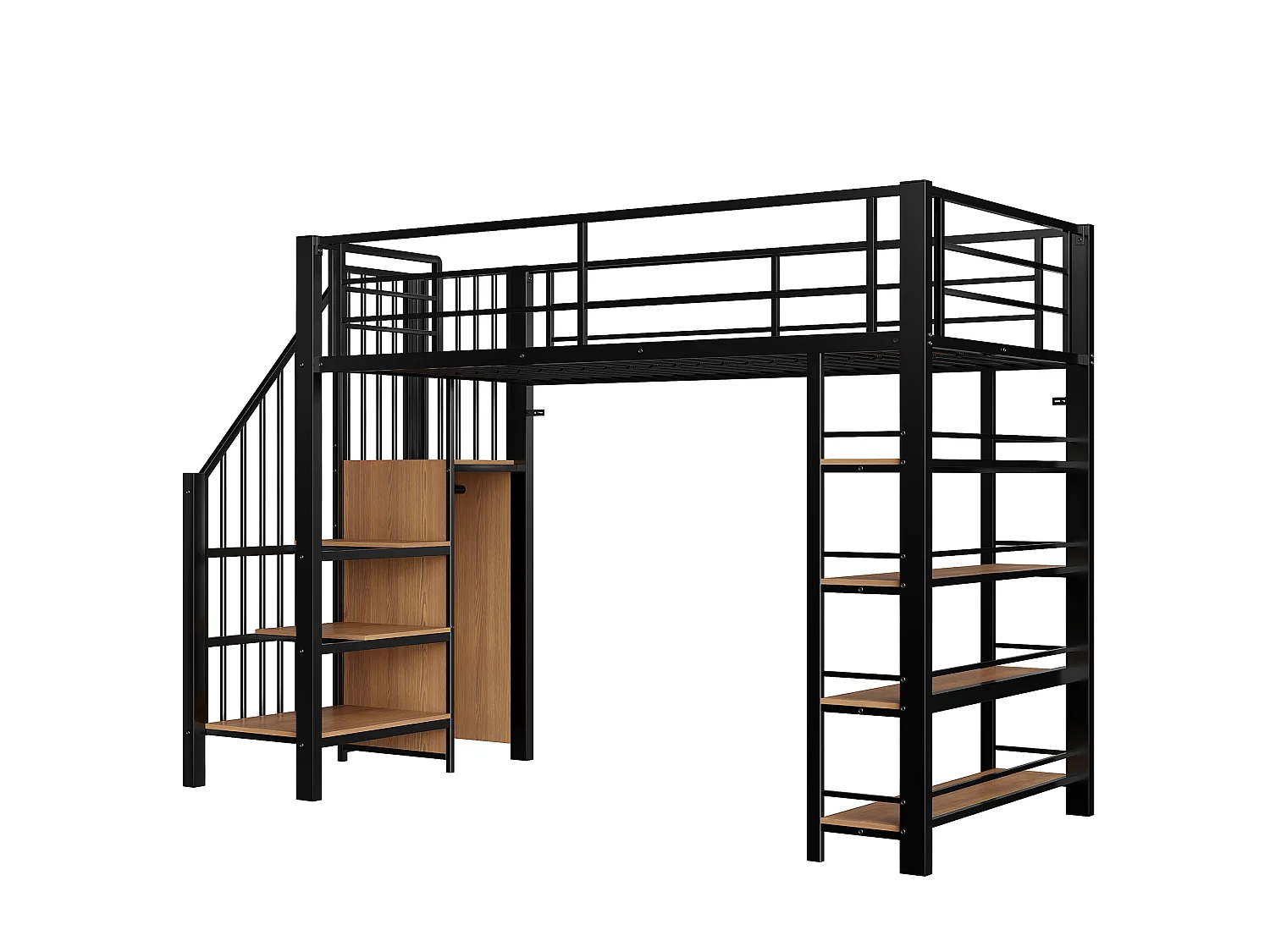 Metal loft bed 90 x 200 cm with storage shelves and small wardrobe - safety ladder - black