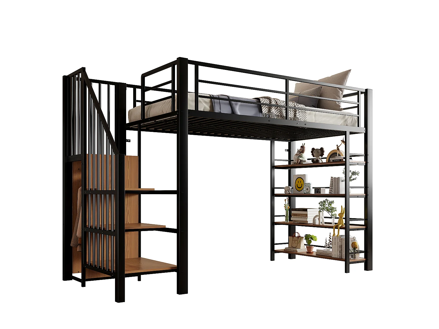 Metal loft bed 90 x 200 cm with storage shelves and small wardrobe - safety ladder - black