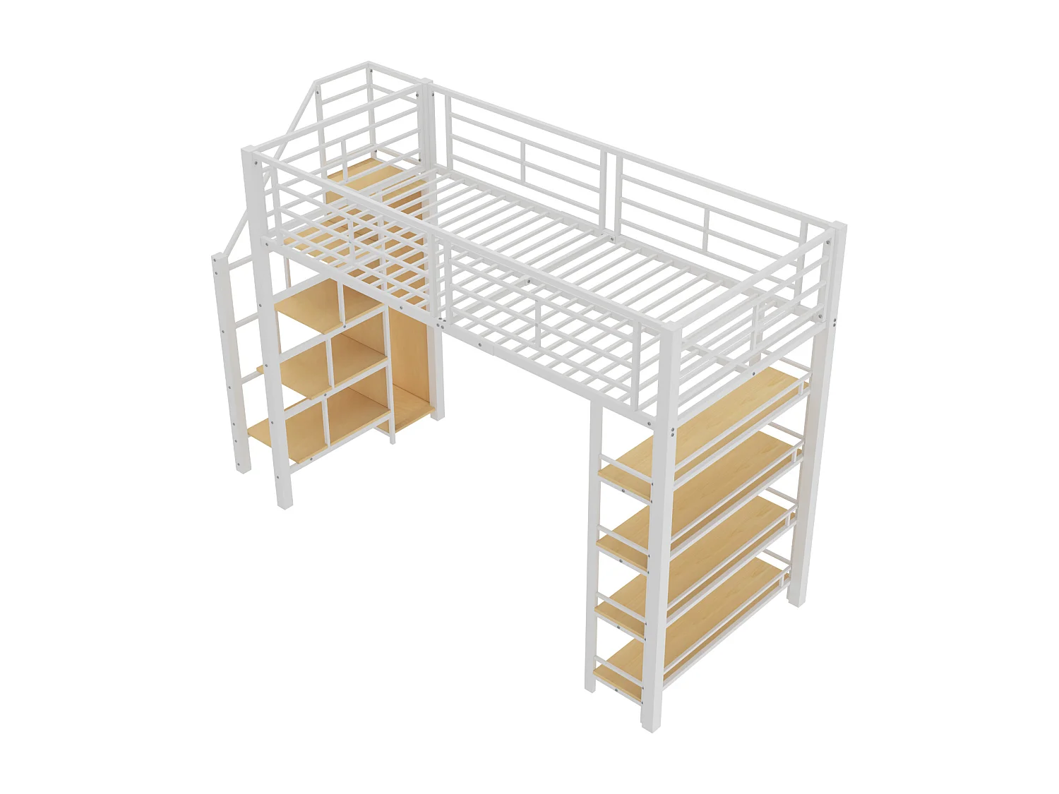 Lit mezzanine en métal 90 x 200 cm avec étagères de rangement et petite penderie - escalier de sécurité - blanc