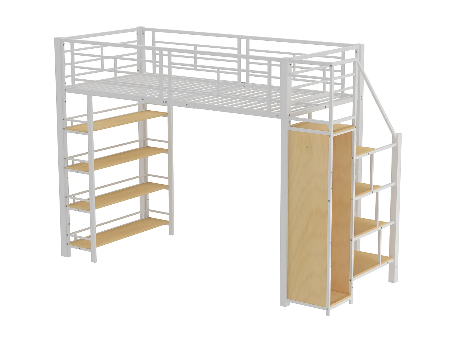 Lit mezzanine en métal 90 x 200 cm avec étagères de rangement et petite penderie - escalier de sécurité - blanc