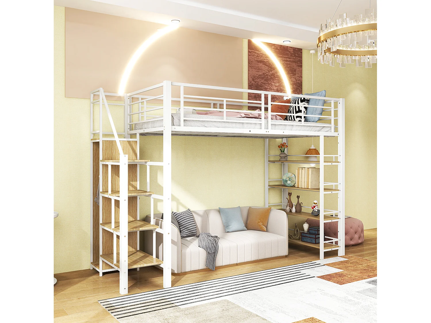 Hochbett aus Metall 90 x 200 cm mit Ablagen und kleinem Kleiderschrank – Sicherheitstreppe – weiß