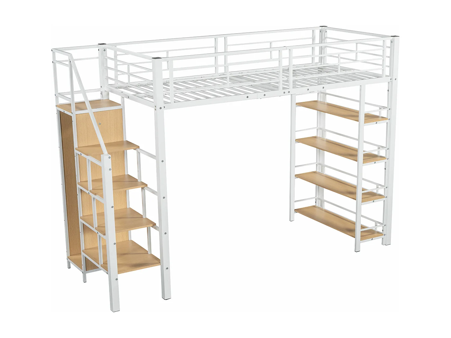 Hochbett aus Metall 90 x 200 cm mit Ablagen und kleinem Kleiderschrank – Sicherheitstreppe – weiß