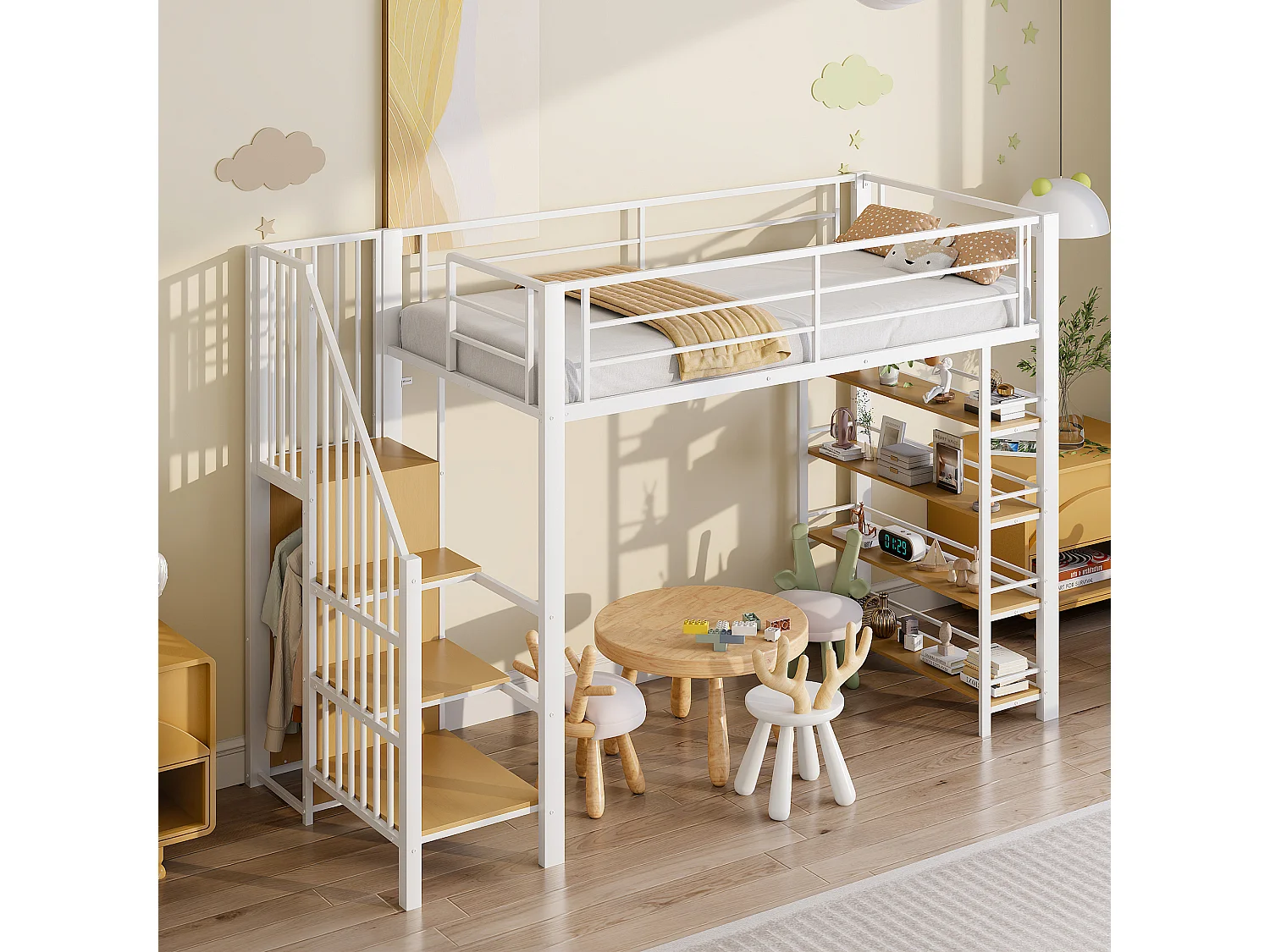 Metal loftseng 90 x 200 cm med opbevaringshylder og lille garderobe - sikkerhedsstige - hvid