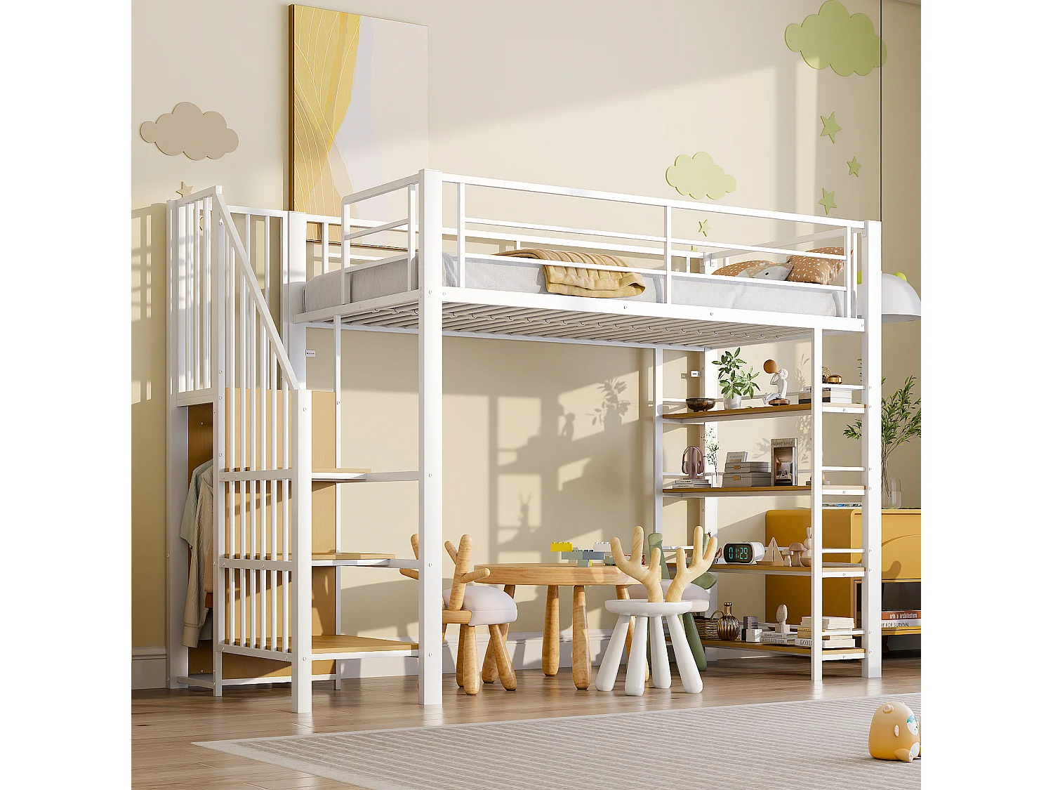 Metal loftseng 90 x 200 cm med opbevaringshylder og lille garderobe - sikkerhedsstige - hvid