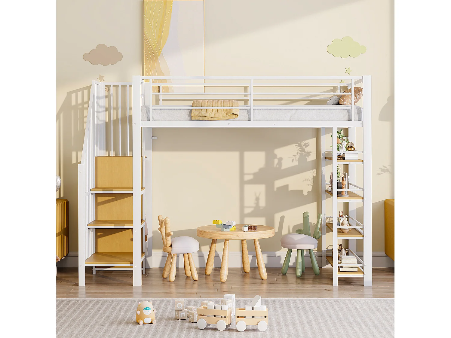 Metal loftseng 90 x 200 cm med opbevaringshylder og lille garderobe - sikkerhedsstige - hvid