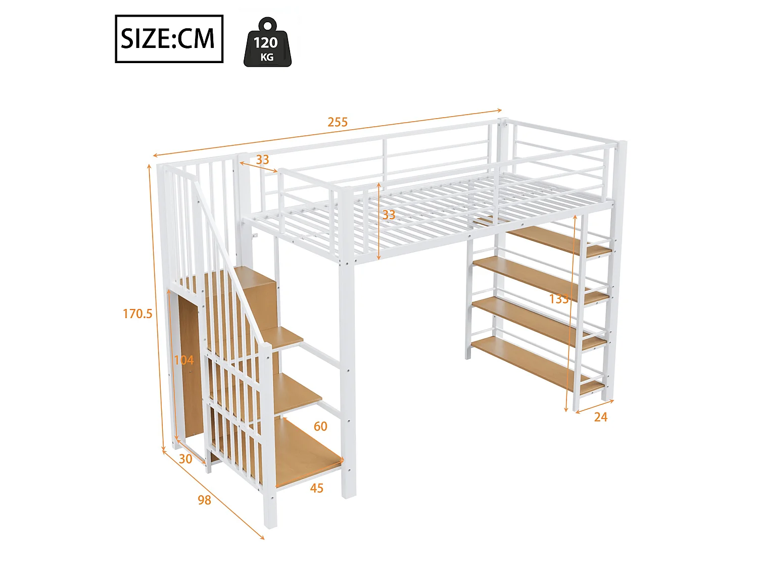 Metal loftseng 90 x 200 cm med opbevaringshylder og lille garderobe - sikkerhedsstige - hvid