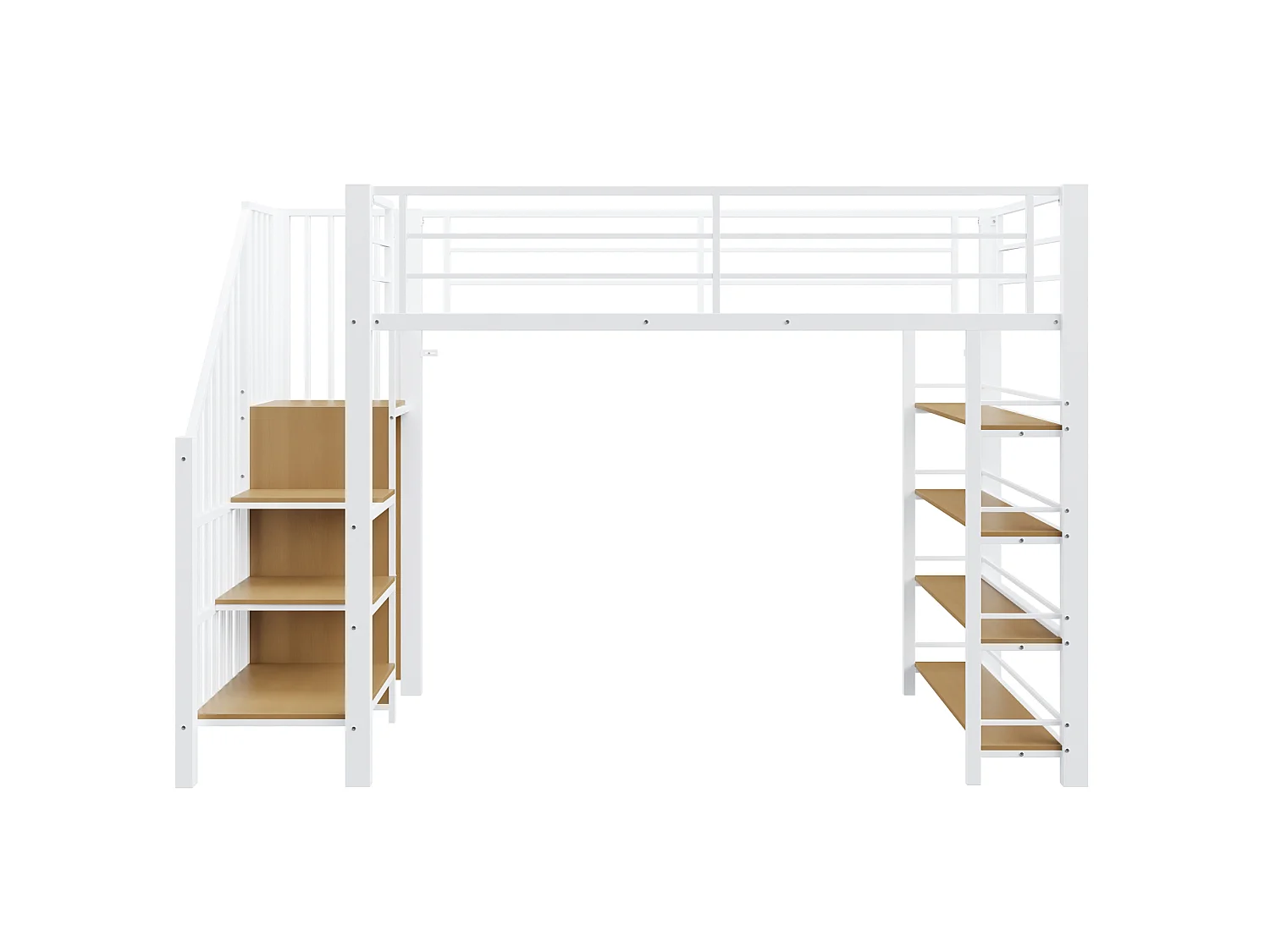 Metal loftseng 90 x 200 cm med opbevaringshylder og lille garderobe - sikkerhedsstige - hvid