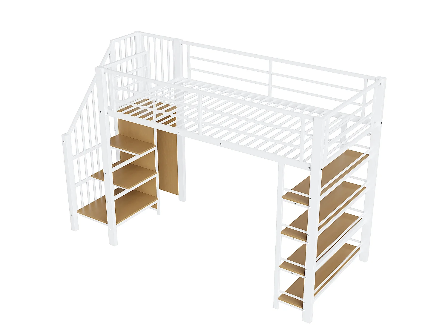 Metal loftseng 90 x 200 cm med opbevaringshylder og lille garderobe - sikkerhedsstige - hvid