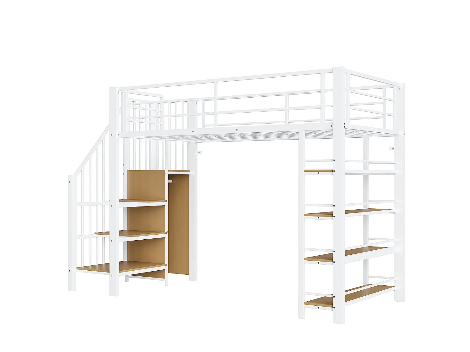 Metal loftseng 90 x 200 cm med opbevaringshylder og lille garderobe - sikkerhedsstige - hvid