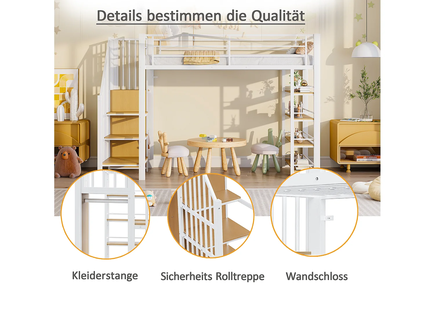 Metal loftseng 90 x 200 cm med opbevaringshylder og lille garderobe - sikkerhedsstige - hvid