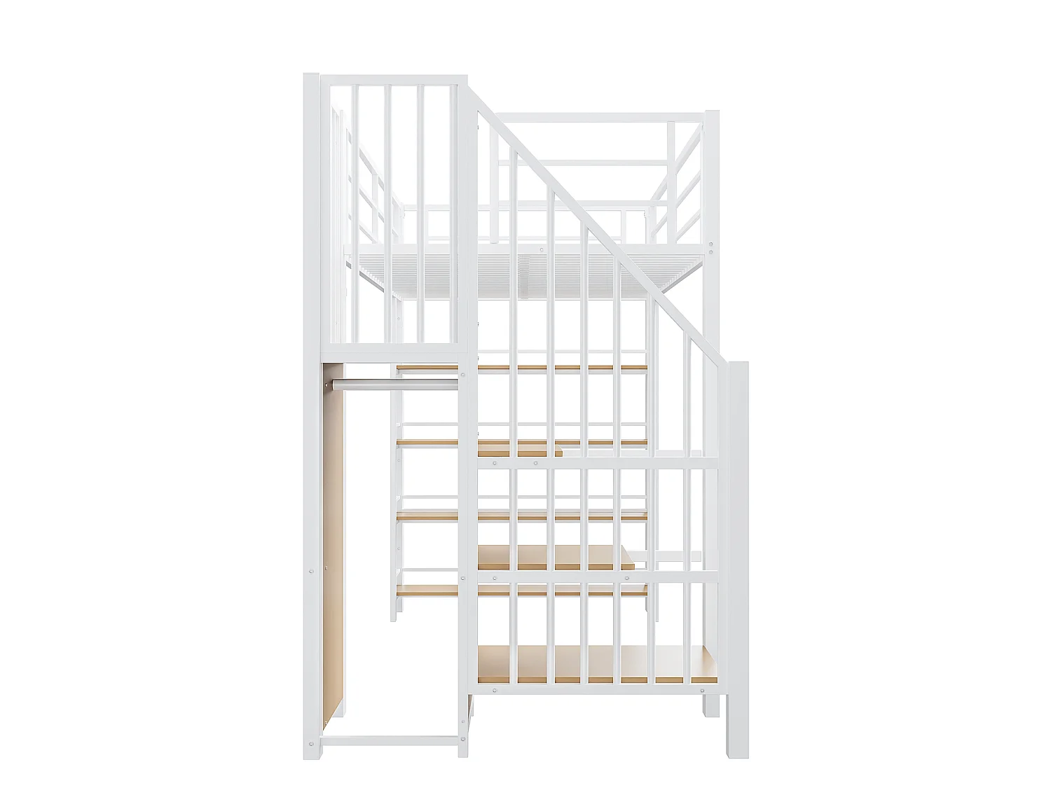 Metal loftseng 90 x 200 cm med opbevaringshylder og lille garderobe - sikkerhedsstige - hvid