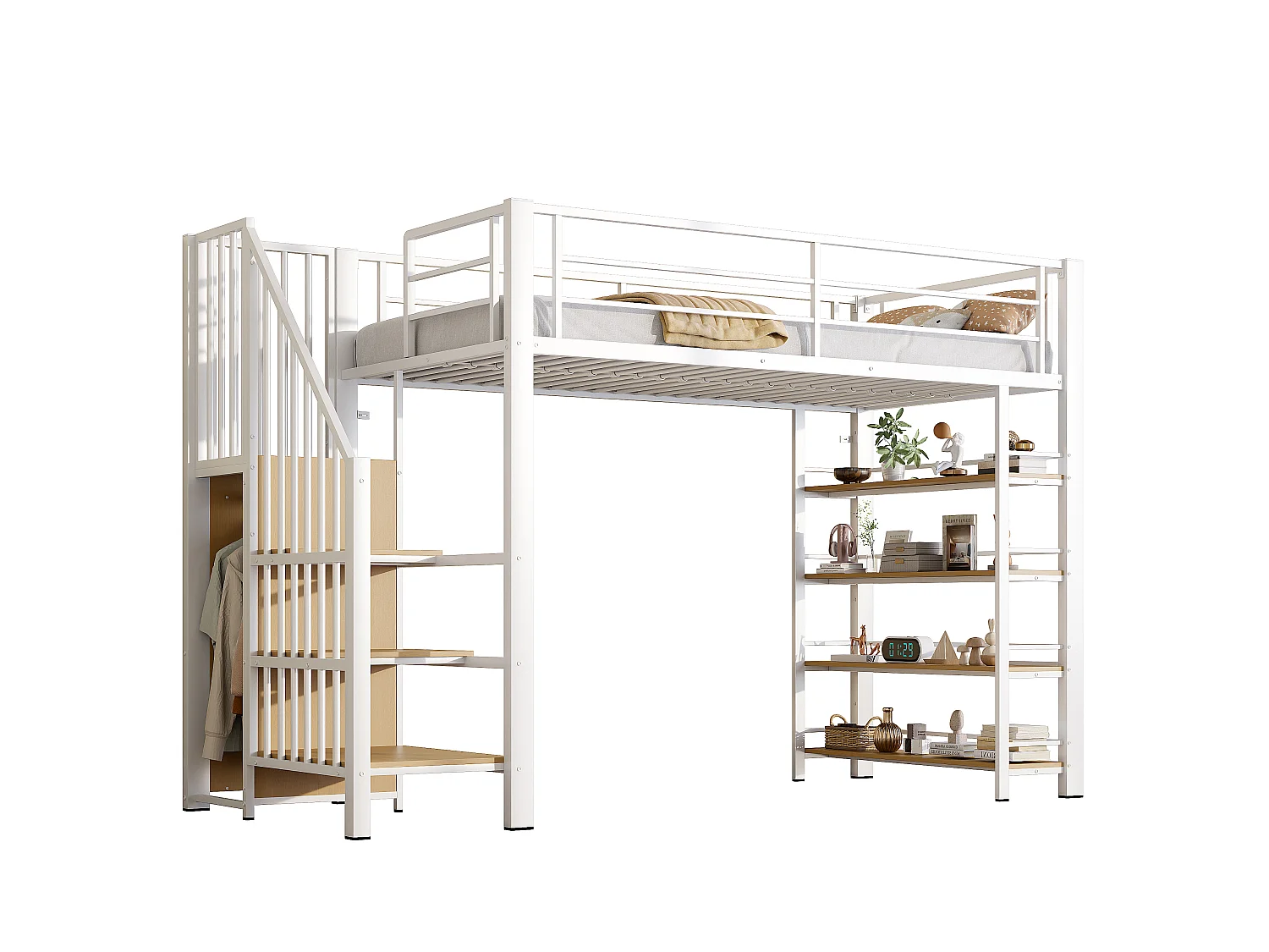 Metal loftseng 90 x 200 cm med opbevaringshylder og lille garderobe - sikkerhedsstige - hvid