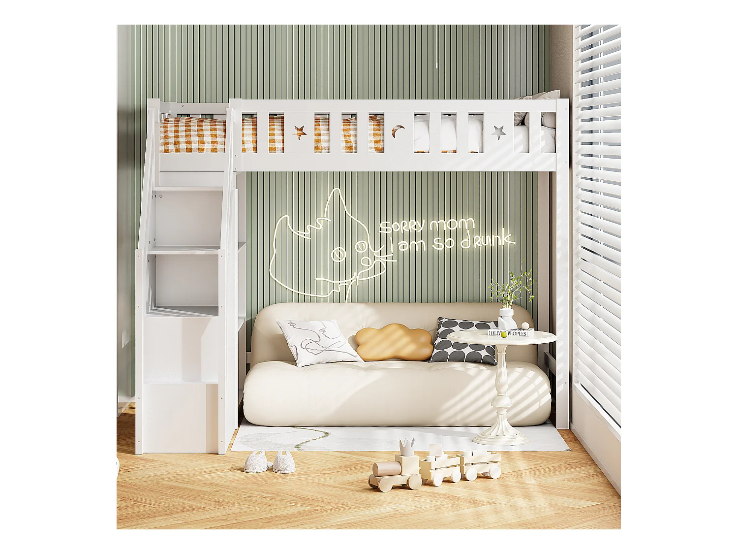 Lit mezzanine 90 x 200 cm avec échelle de rangement et étagères - Bois de pin et MDF - Blanc