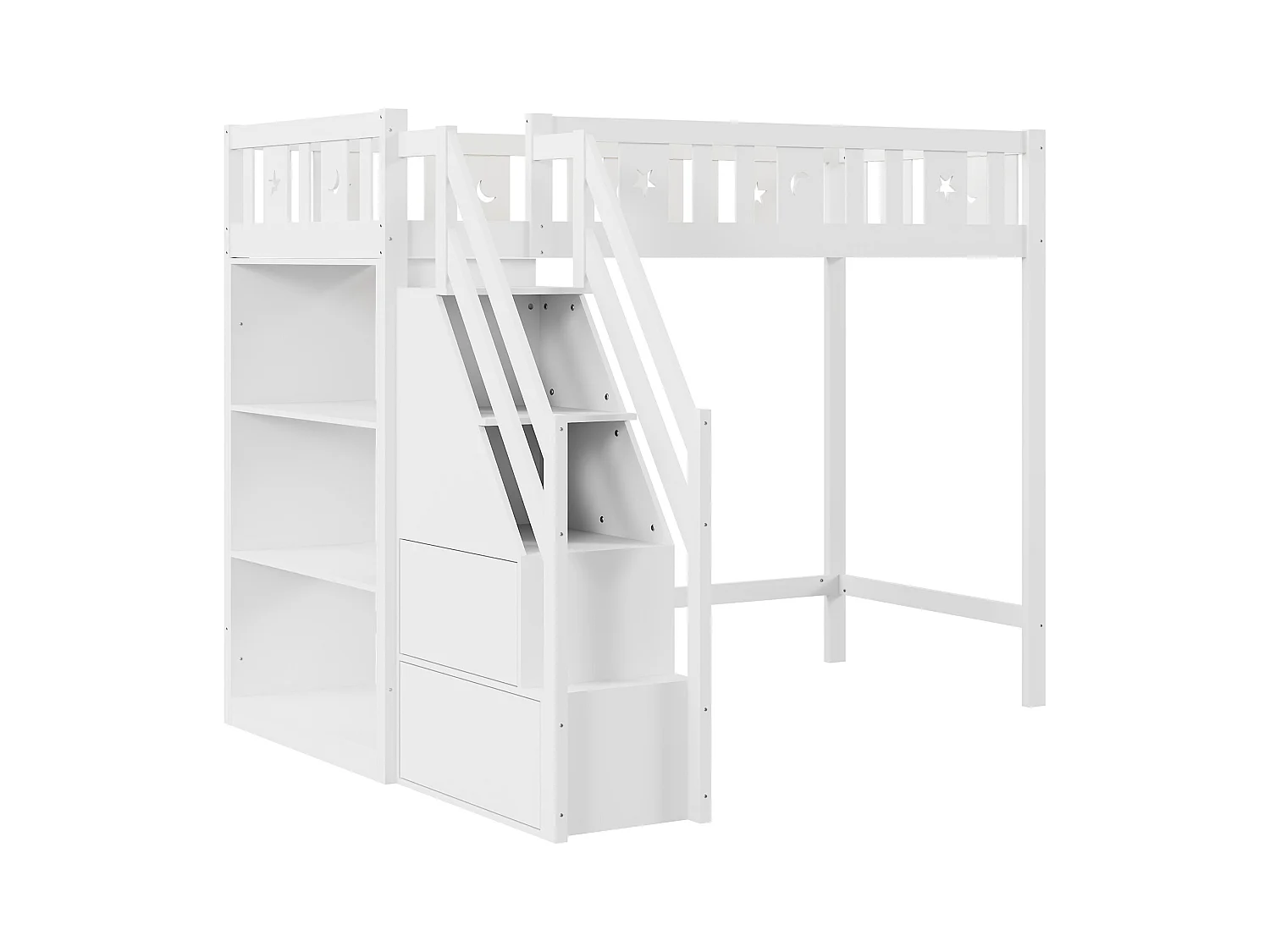 Lit mezzanine 90 x 200 cm avec échelle de rangement et étagères - Bois de pin et MDF - Blanc