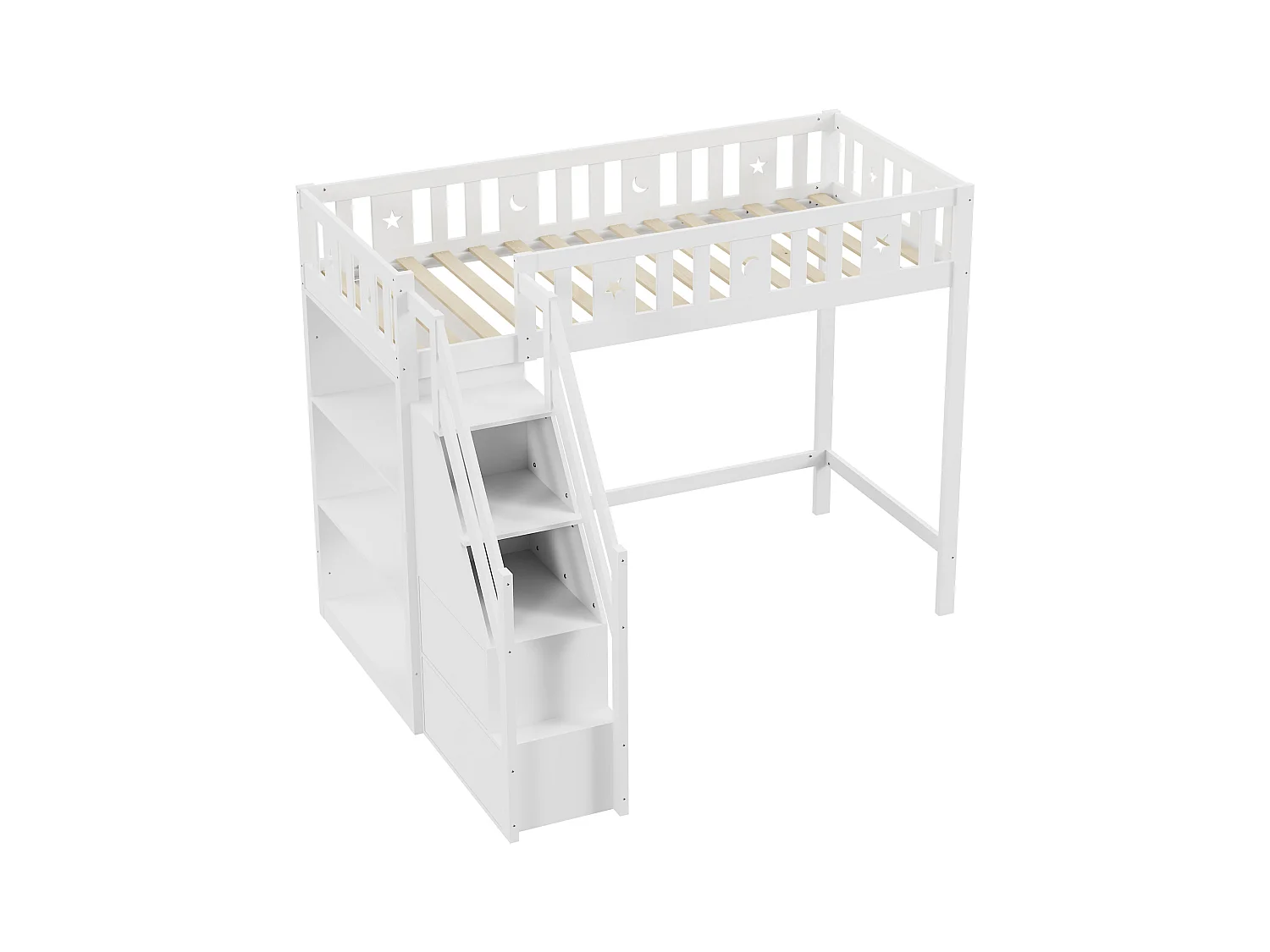 Lit mezzanine 90 x 200 cm avec échelle de rangement et étagères - Bois de pin et MDF - Blanc