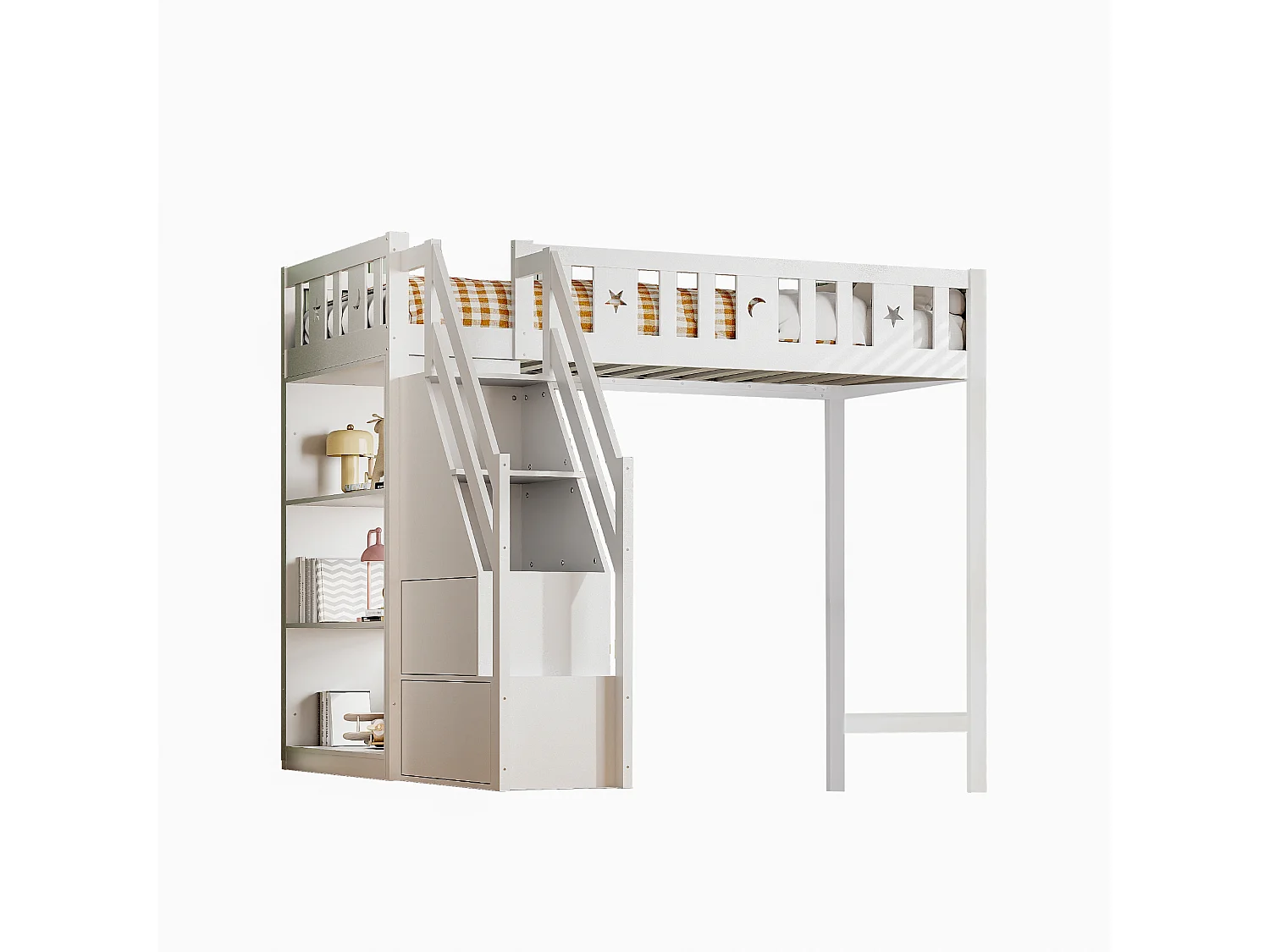 Lit mezzanine 90 x 200 cm avec échelle de rangement et étagères - Bois de pin et MDF - Blanc