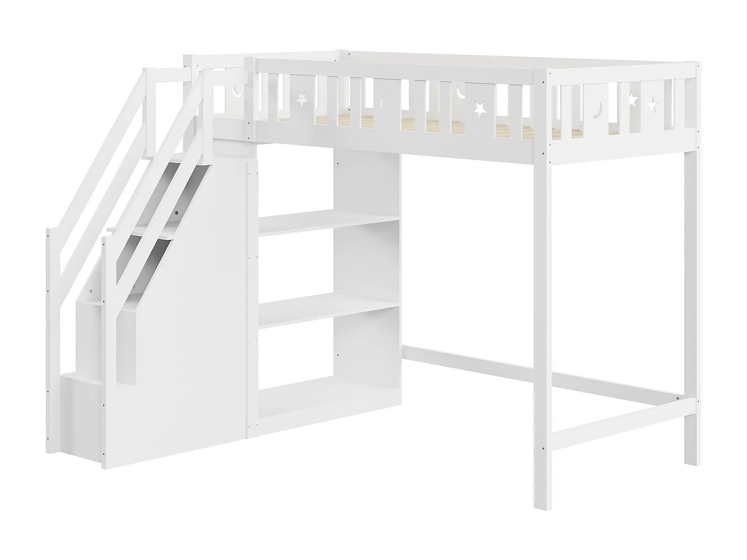 Lit mezzanine 90 x 200 cm avec échelle de rangement et étagères - Bois de pin et MDF - Blanc