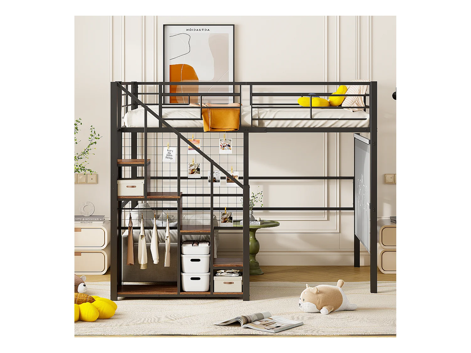 Mezzaninebed 140 x 200 cm met opbergkast en veiligheidstrap - metaal en hout - zwart