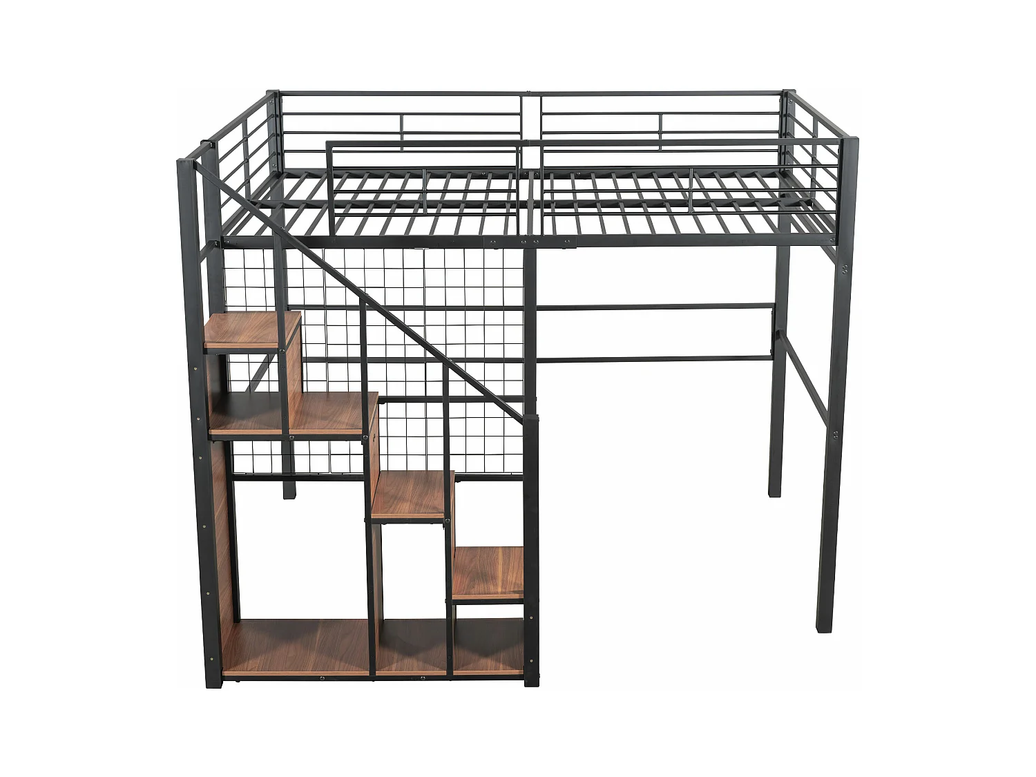 Mezzaninebed 140 x 200 cm met opbergkast en veiligheidstrap - metaal en hout - zwart