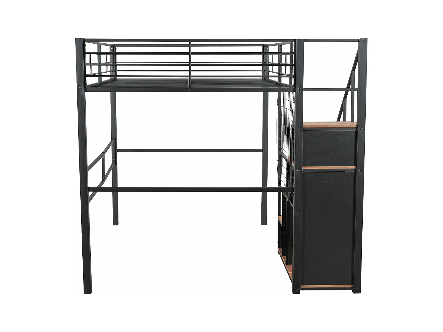 Mezzaninebed 140 x 200 cm met opbergkast en veiligheidstrap - metaal en hout - zwart