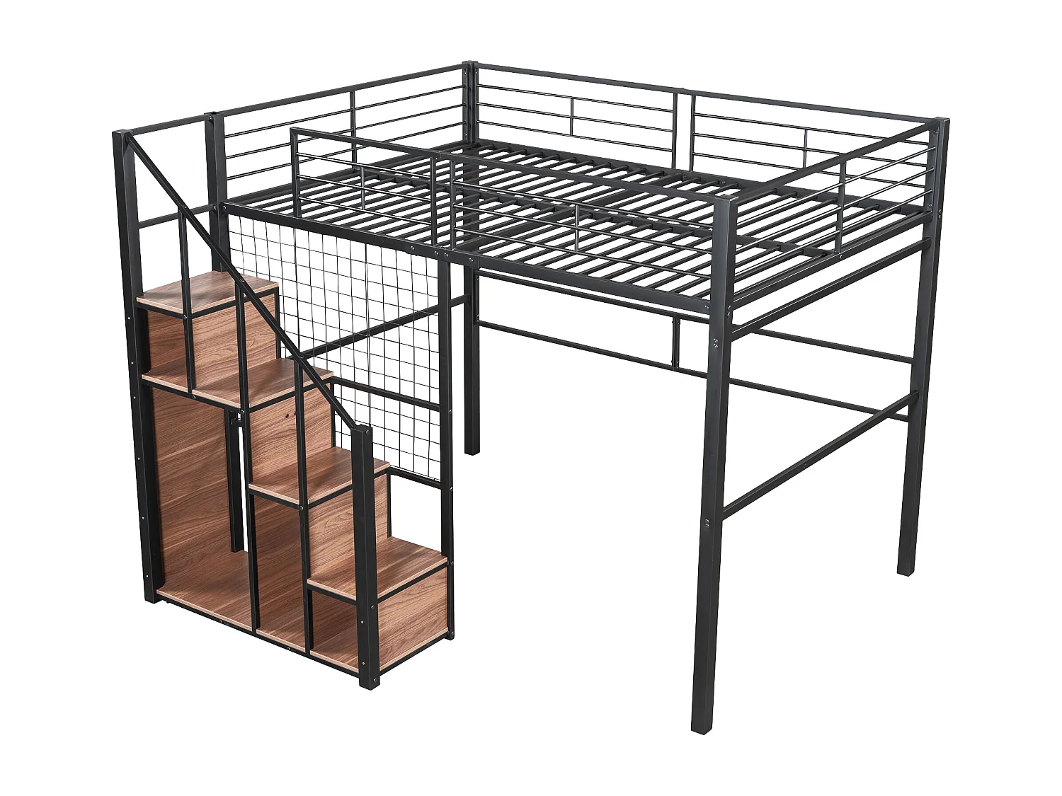 Hochbett 140 x 200 cm mit Stauraum und Sicherheitstreppe – Metall und Holz – Schwarz