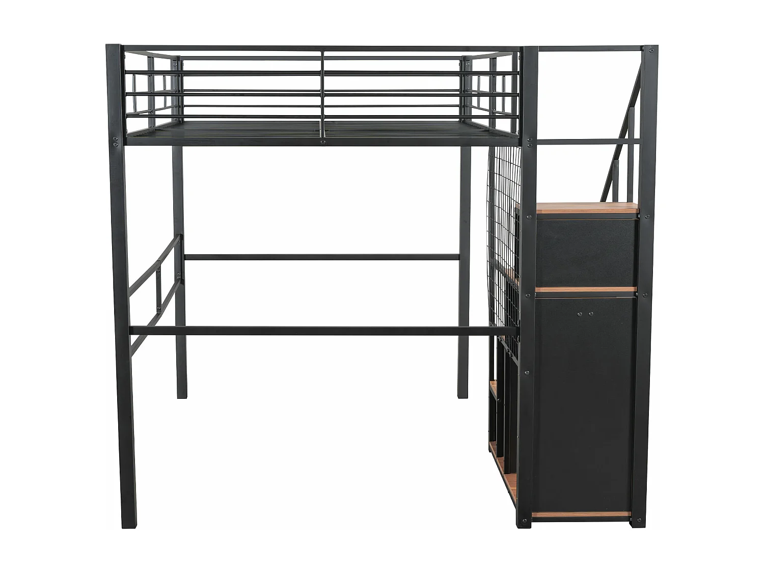 Hochbett 140 x 200 cm mit Stauraum und Sicherheitstreppe – Metall und Holz – Schwarz