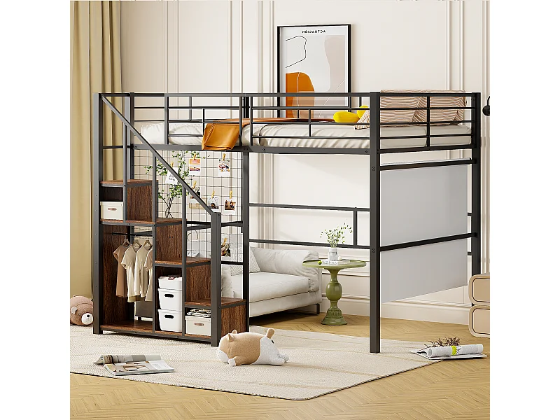 Lit mezzanine 140 x 200 cm avec placard de rangement et escalier de sécurité - métal et bois - noir