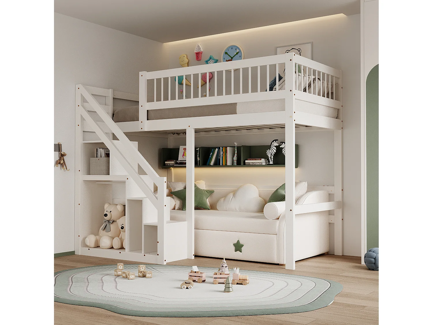 Łóżko piętrowe z litego drewna 90 x 200 cm ze schowkiem - schody bezpieczeństwa - białe