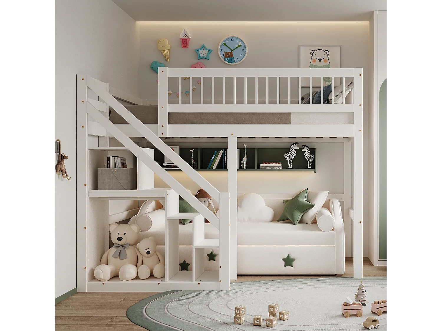 Łóżko piętrowe z litego drewna 90 x 200 cm ze schowkiem - schody bezpieczeństwa - białe