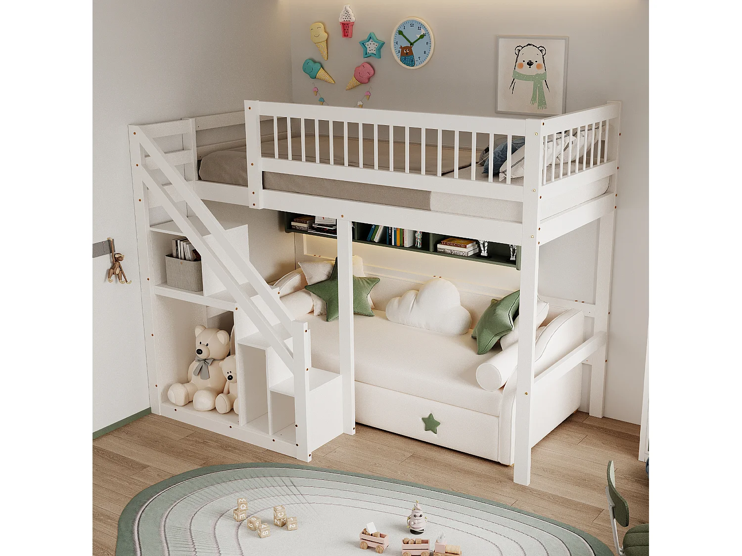 Łóżko piętrowe z litego drewna 90 x 200 cm ze schowkiem - schody bezpieczeństwa - białe