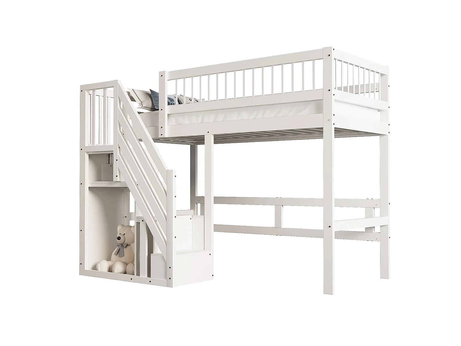 Lit mezzanine en bois massif 90 x 200 cm avec placard de rangement - escalier de sécurité - blanc