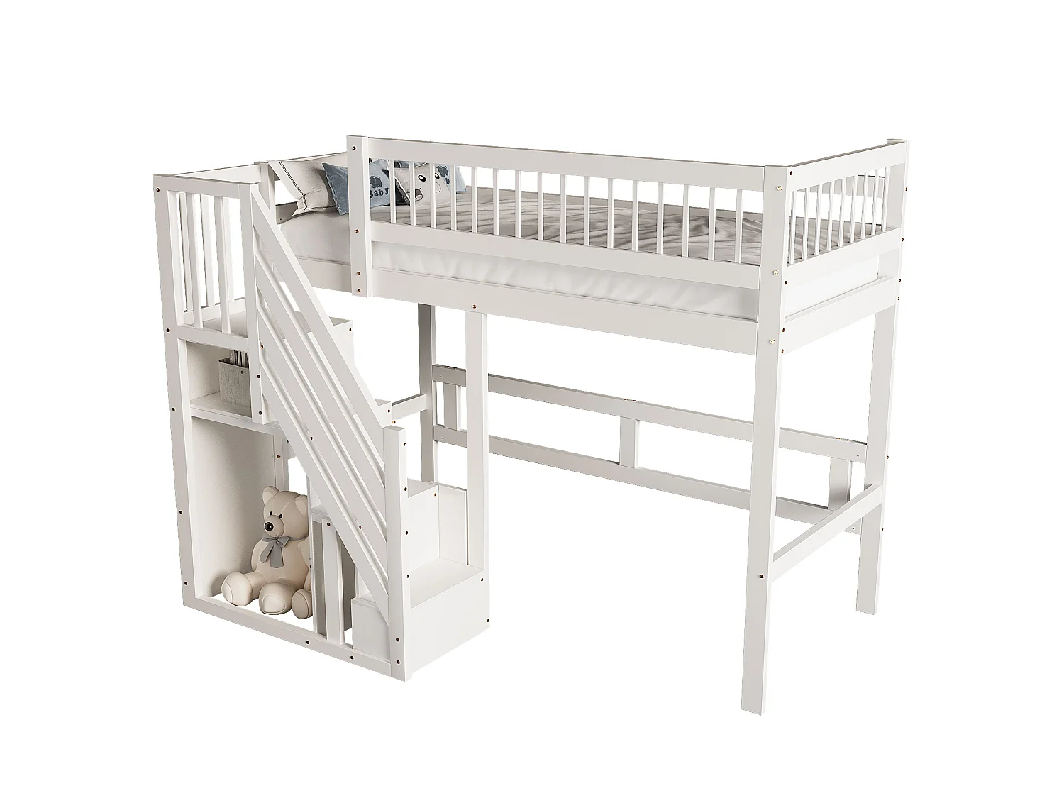 Lit mezzanine en bois massif 90 x 200 cm avec placard de rangement - escalier de sécurité - blanc