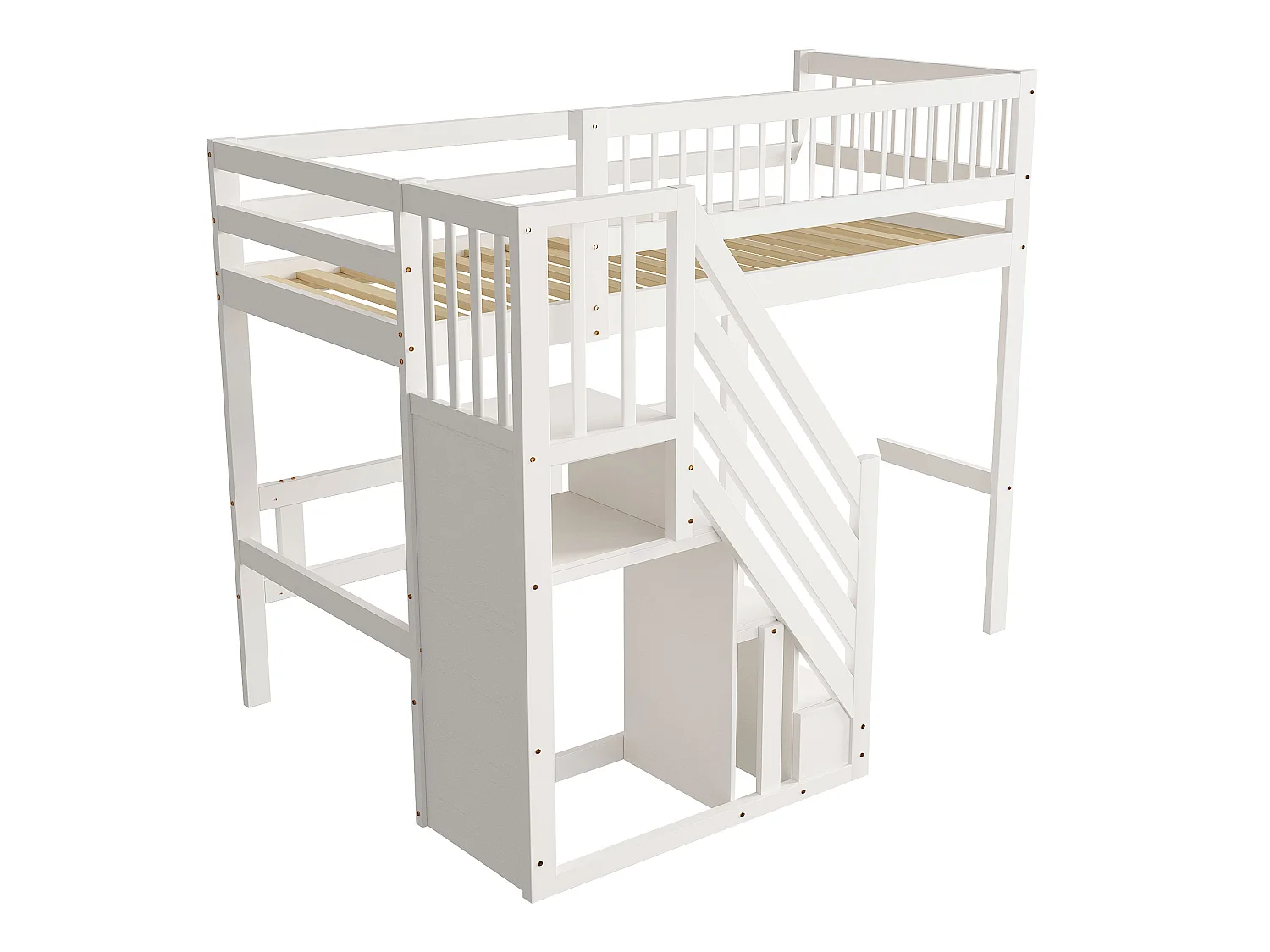 Lit mezzanine en bois massif 90 x 200 cm avec placard de rangement - escalier de sécurité - blanc