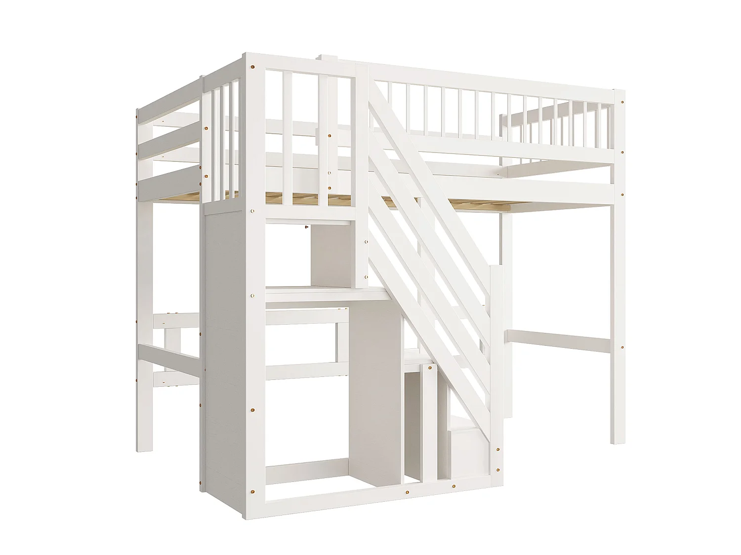 Lit mezzanine en bois massif 90 x 200 cm avec placard de rangement - escalier de sécurité - blanc