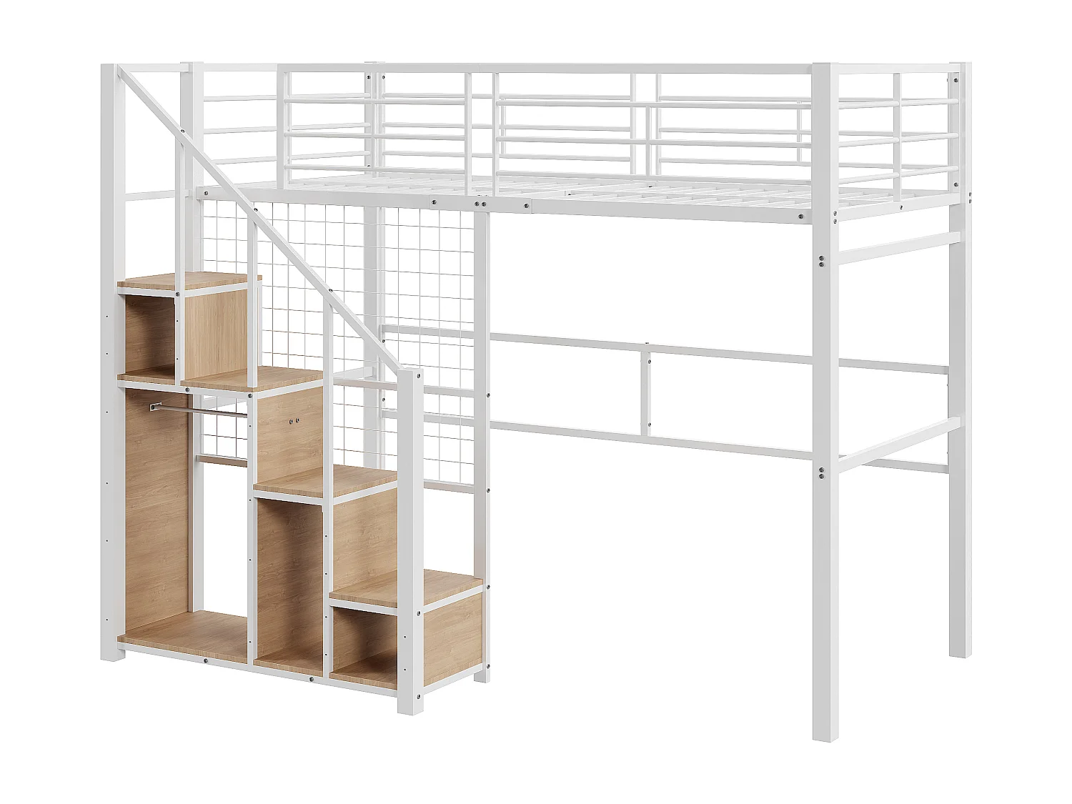 Mezzaninebed 90 x 200 cm met opbergkast en veiligheidstrap - metaal en hout - wit