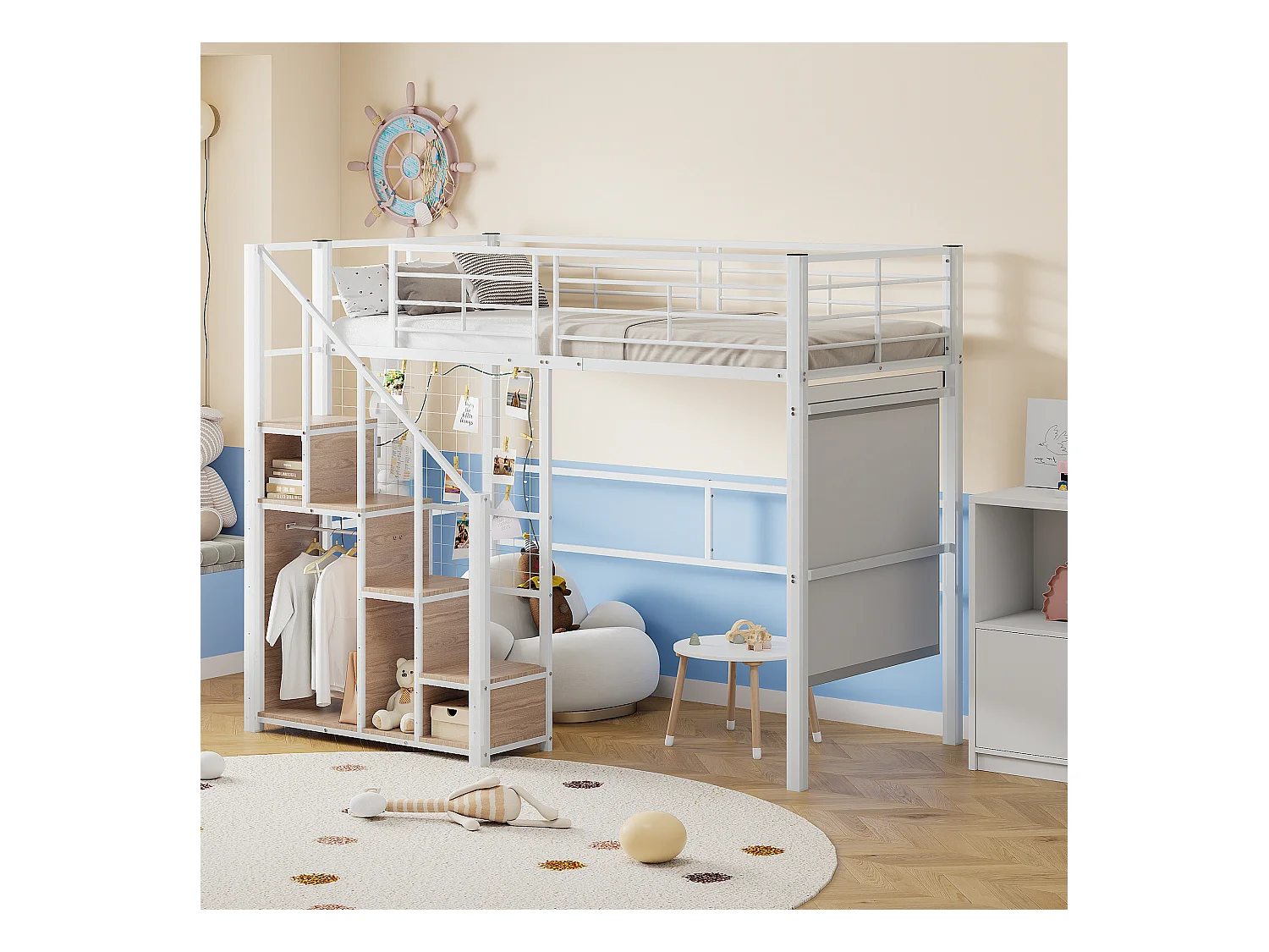 Lit mezzanine 90 x 200 cm avec placard de rangement et escalier de sécurité - métal et bois - blanc