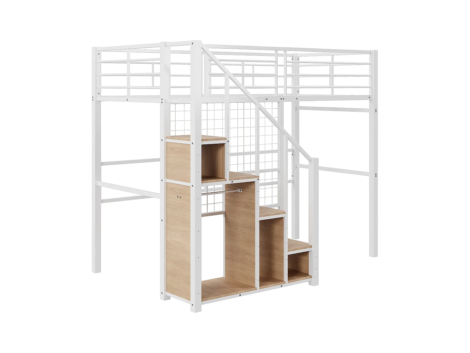 Mezzaninebed 90 x 200 cm met opbergkast en veiligheidstrap - metaal en hout - wit