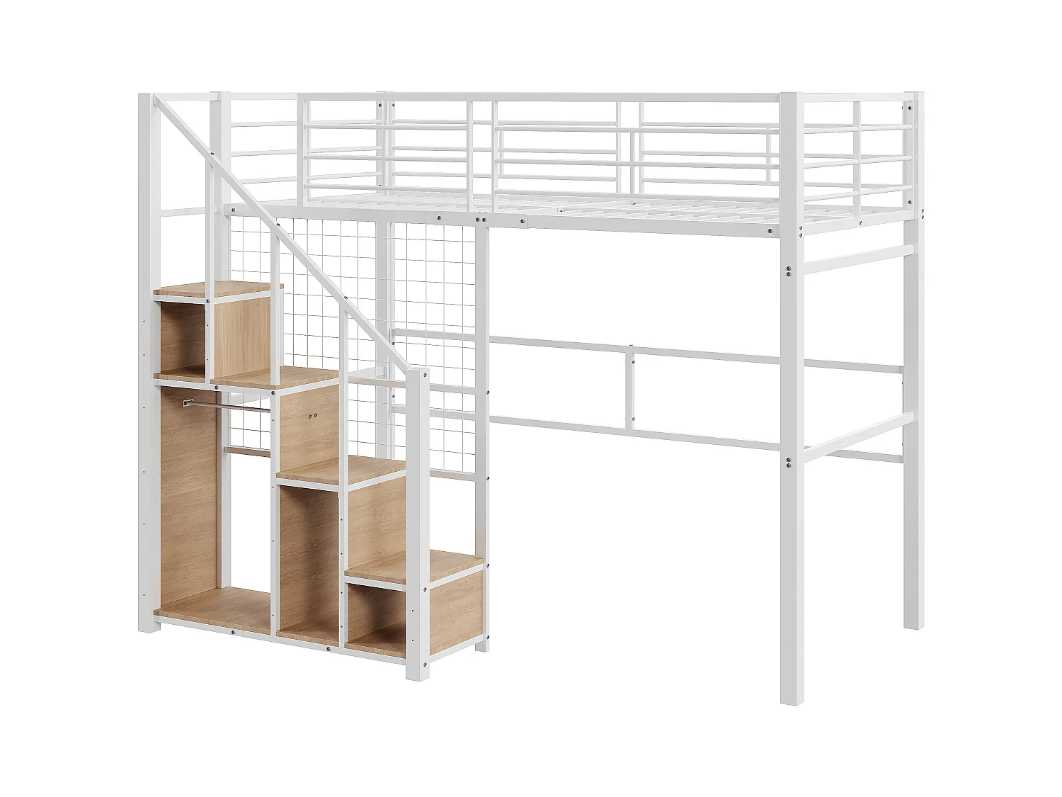 Mezzaninebed 90 x 200 cm met opbergkast en veiligheidstrap - metaal en hout - wit