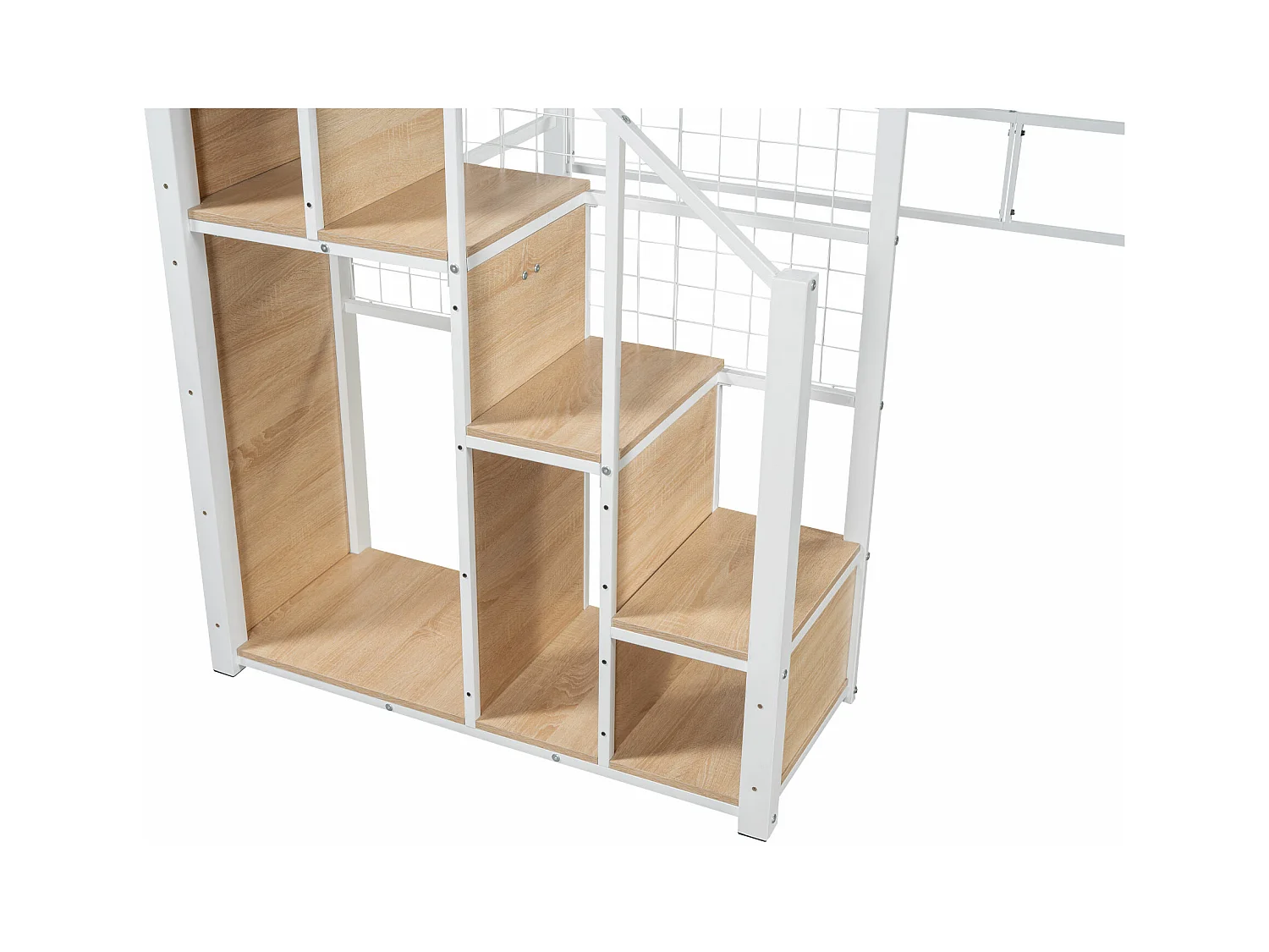 Mezzaninebed 90 x 200 cm met opbergkast en veiligheidstrap - metaal en hout - wit