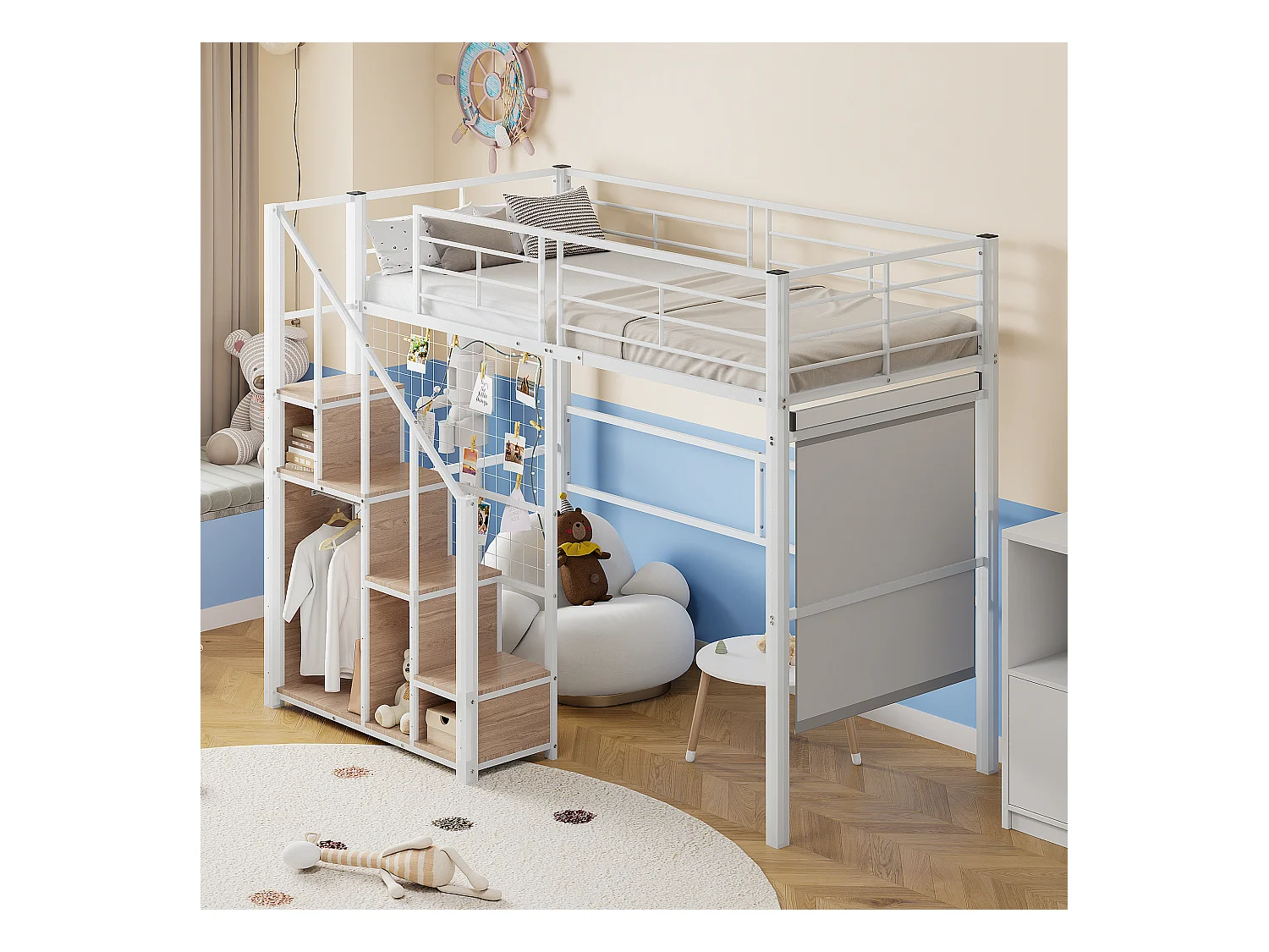 Mezzaninebed 90 x 200 cm met opbergkast en veiligheidstrap - metaal en hout - wit