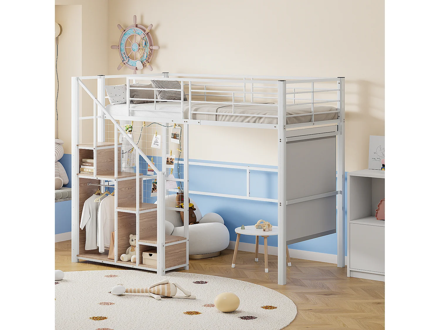 Mezzaninebed 90 x 200 cm met opbergkast en veiligheidstrap - metaal en hout - wit