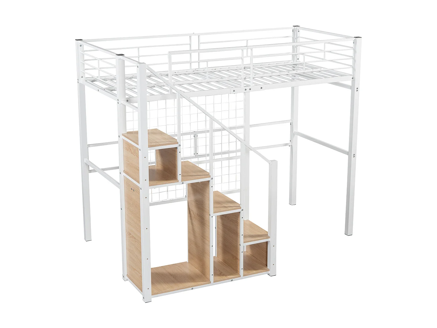 Mezzaninebed 90 x 200 cm met opbergkast en veiligheidstrap - metaal en hout - wit