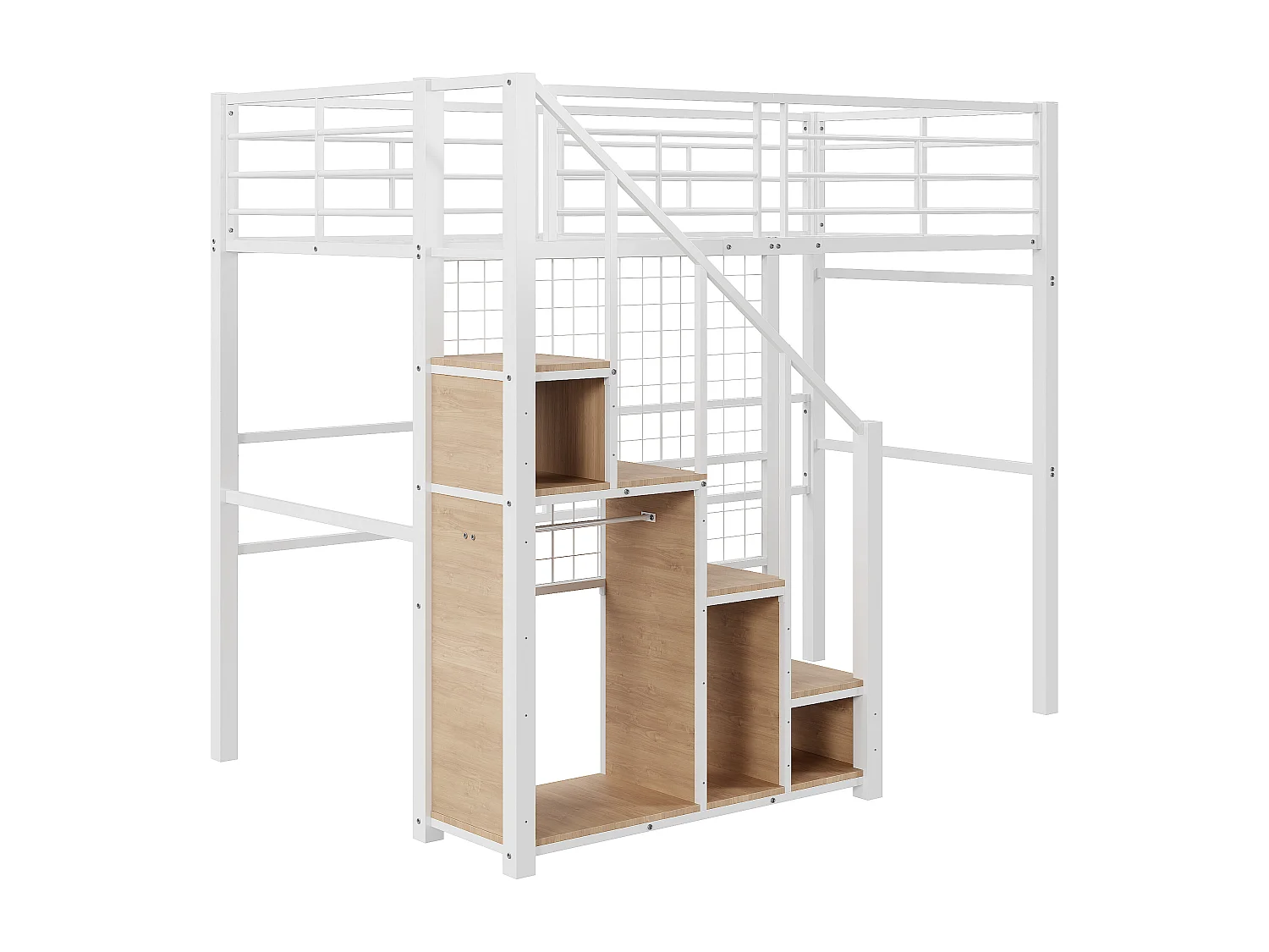 Mezzaninebed 90 x 200 cm met opbergkast en veiligheidstrap - metaal en hout - wit