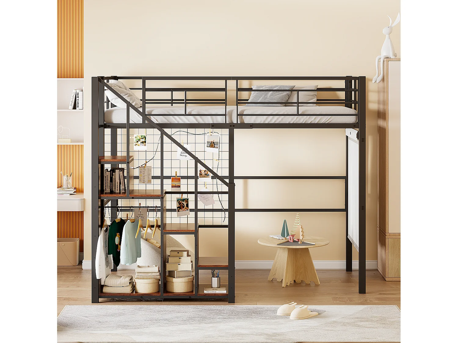 Mezzaninebed 90 x 200 cm met opbergkast en veiligheidstrap - metaal en hout - zwart