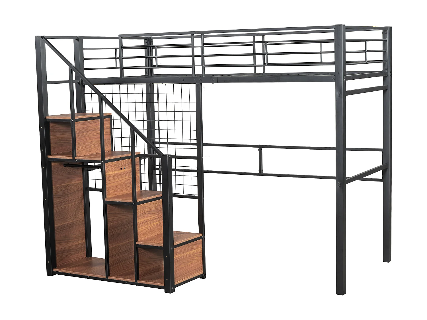 Mezzaninebed 90 x 200 cm met opbergkast en veiligheidstrap - metaal en hout - zwart