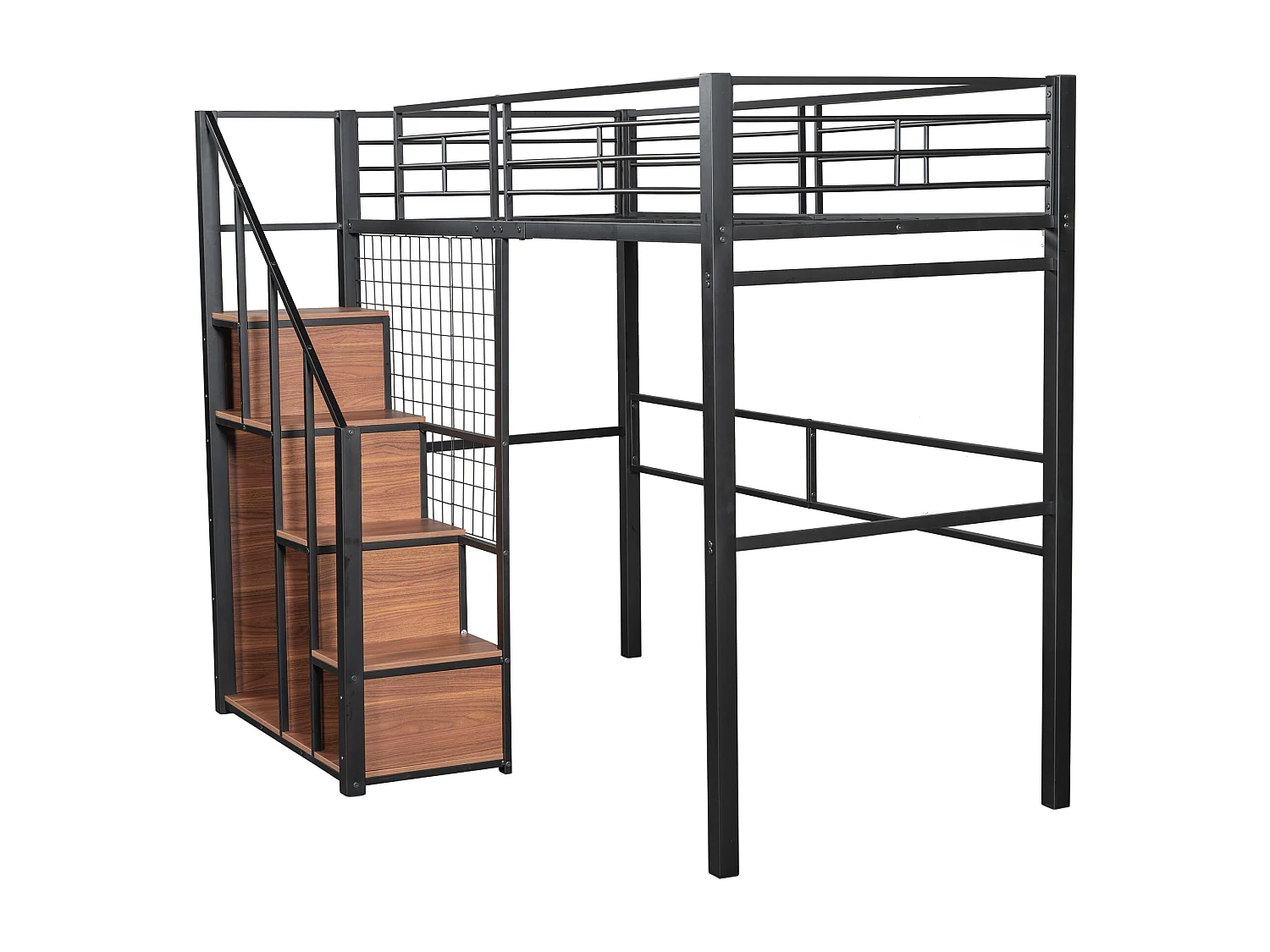 Mezzaninebed 90 x 200 cm met opbergkast en veiligheidstrap - metaal en hout - zwart
