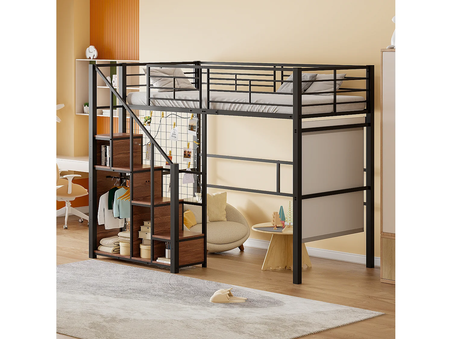 Mezzaninebed 90 x 200 cm met opbergkast en veiligheidstrap - metaal en hout - zwart